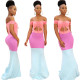 Stylish Color Block Off Shoulder Floor Length Dress SN3615