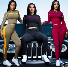 Casual Contrast Stitching Long Sleeves Hooded Mini Sweater With Trousers Two Pieces Sets KSN8035