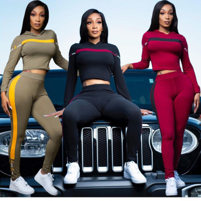 Casual Contrast Stitching Long Sleeves Hooded Mini Sweater With Trousers Two Pieces Sets KSN8035