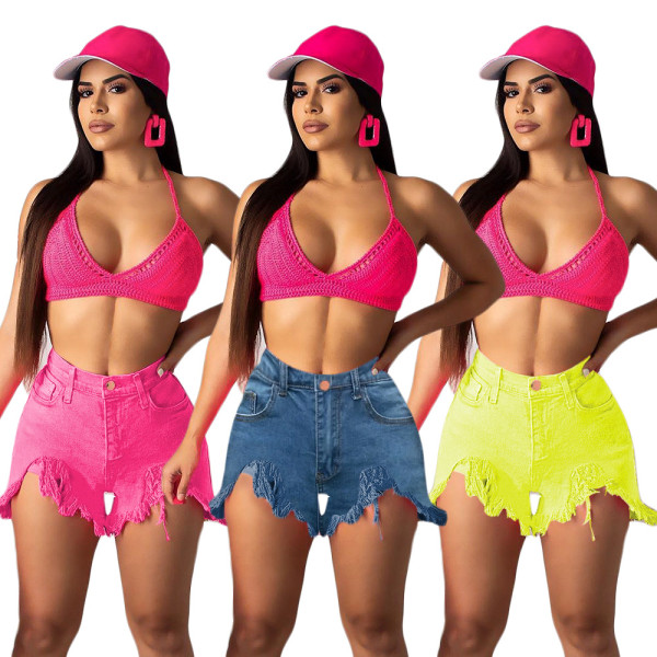 Women High Waist Jeans Plain Color Ripped Shorts SN2020