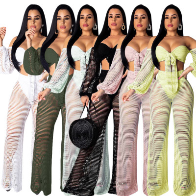 See Through Sexy Suits Strapless Top Wide Leg Pants SN3509