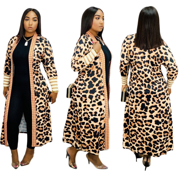 Autumn Winter Long Style Leopard Printing Cardigan Coat JH133
