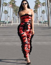 Slash Nesh Reffule Sides Sexy Printed Red Jumpsuit HM6011-2