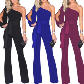 Newest Pure Color Oblique Shoulder Split Sleeve Jumpsuit M804