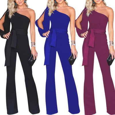 Newest Pure Color Oblique Shoulder Split Sleeve Jumpsuit M804