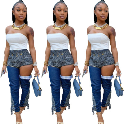 Unique Zipper Printing Splicing Jeans Divisible Pencil Pants OMY8011