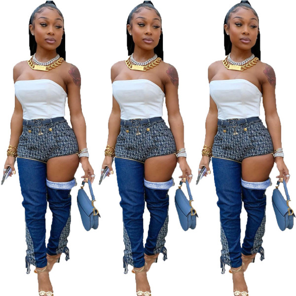 Unique Zipper Printing Splicing Jeans Divisible Pencil Pants OMY8011