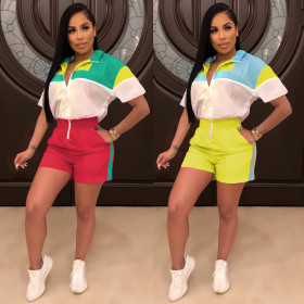 Color Patchwork Elastic Waistband Short Jumpsuit ML7186