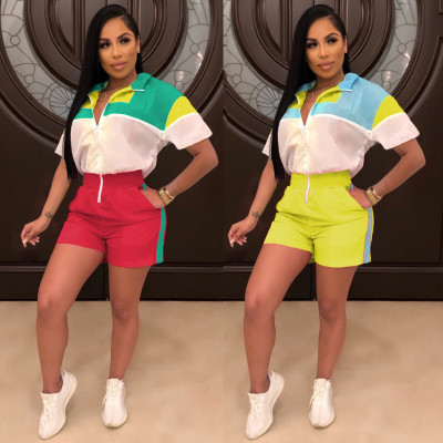 Color Patchwork Elastic Waistband Short Jumpsuit ML7186