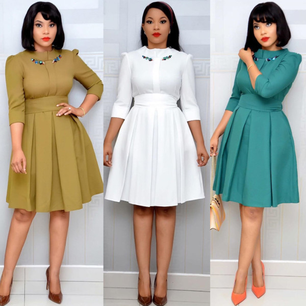 Embroidered Double Collar Pleated Commuter Plus Size Four Season Dress AM391
