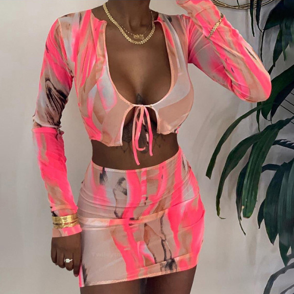 Autumn womens net yarn printing T-shirt high waist bag hip skirt casual suit women S1737828