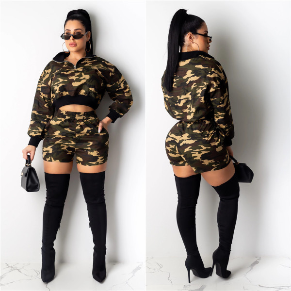 Hot Sale Ladies Sport 2 Pieces Camouflage Shorts Outfits LS6323