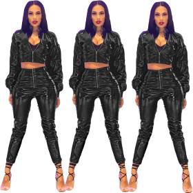 Cool Crop Tops Skinny Pants PU Leather Sets AMM8079