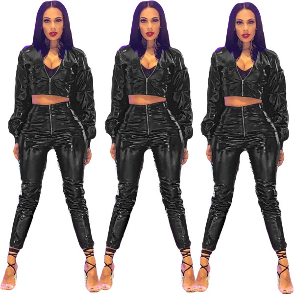 Cool Crop Tops Skinny Pants PU Leather Sets AMM8079