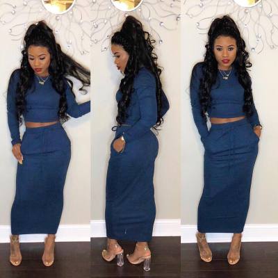 Blue Knitting Crop Tops Ankle Skirts Suits H1078