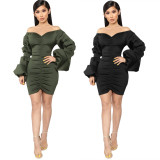 olid Color Pleated Strapless Bishop Sleeve Dress LS6207