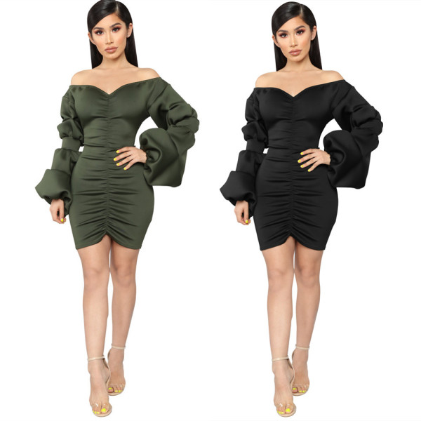 olid Color Pleated Strapless Bishop Sleeve Dress LS6207