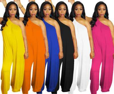Sexy solid color loose loose loose shoulder wide leg jumpsuit DM8123
