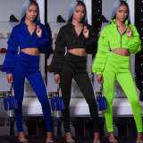 Ladies 2 Pieces Autumn Solid Sets Crop Top High Waist Pants KSN5062