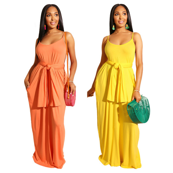 Loose Pure Color Condole Belt Long Dress With Belt OS1845