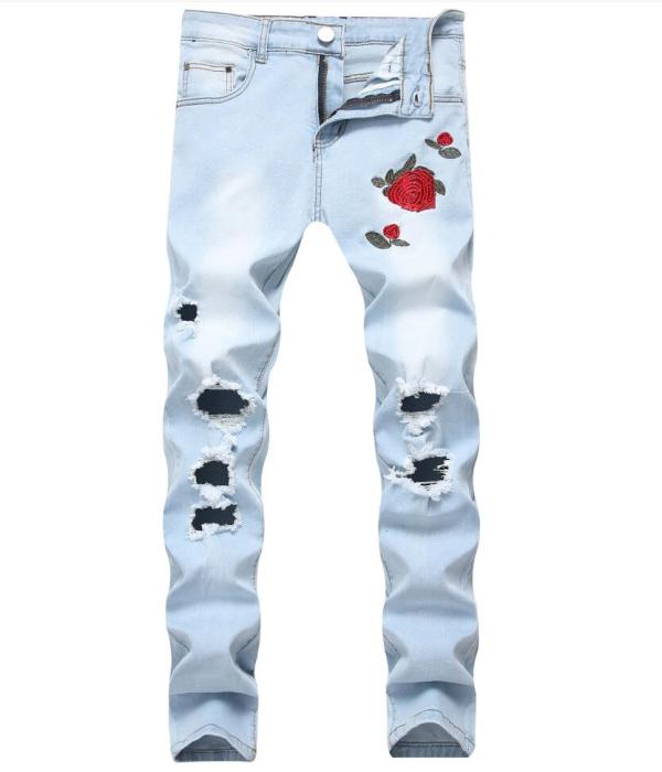 Mens embroidered roses Niu Dongzi broken light blue pants Slim feet stretch jeans TX1823