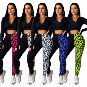 Tight-fitting long-sleeved hat cardigan leopard stitching casual sports suit ME2870