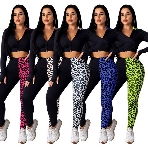 Tight-fitting long-sleeved hat cardigan leopard stitching casual sports suit ME2870