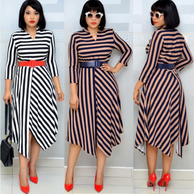 Striped cross stitching dress with belt AM387