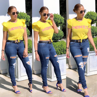 Factory Price Ruffle Letters Print Yellow T-Shirt BS1068