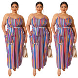 Loose Fitting Multicolor Spaghetti Strap Dress With Belt Q5031