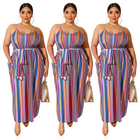 Loose Fitting Multicolor Spaghetti Strap Dress With Belt Q5031