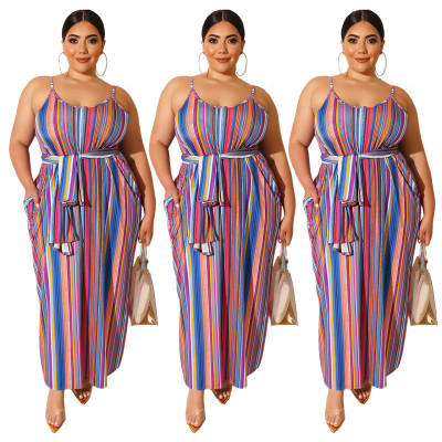 Loose Fitting Multicolor Spaghetti Strap Dress With Belt Q5031