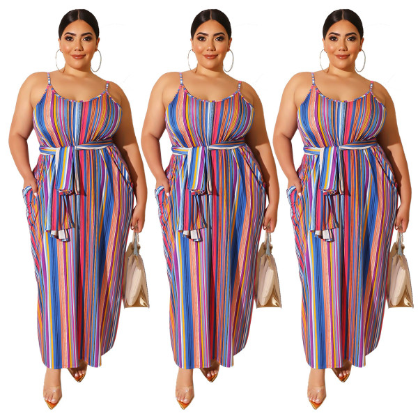 Loose Fitting Multicolor Spaghetti Strap Dress With Belt Q5031