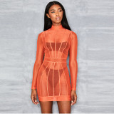Sexy Slim Dress Perspective Mesh Ribbon Splicing Bag Hip Skirt FD8331