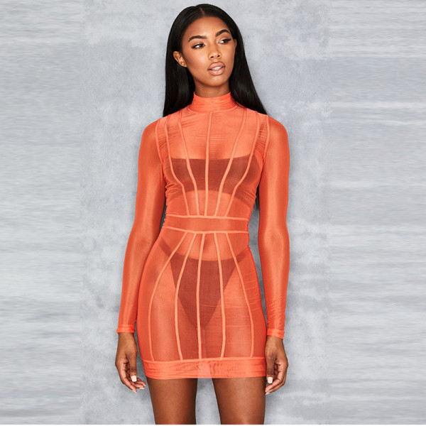 Sexy Slim Dress Perspective Mesh Ribbon Splicing Bag Hip Skirt FD8331