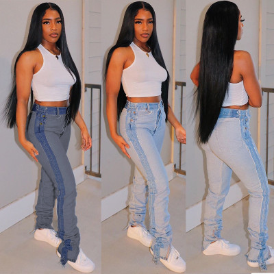 Fashion Contrast Stitching Split Bodycon Denim Long Pants WWY7092