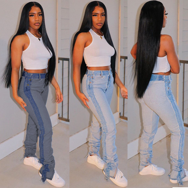 Fashion Contrast Stitching Split Bodycon Denim Long Pants WWY7092