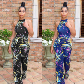 Fashion Sleeveless Loose Pants  Belted Printing Jumpsuit S6158