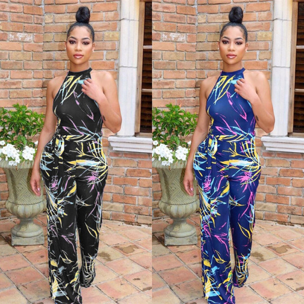 Fashion Sleeveless Loose Pants Belted Printing Jumpsuit S6158