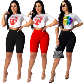 Women's Cute Pattern Lip Tongue T-Shirt Two-Piece CL6045