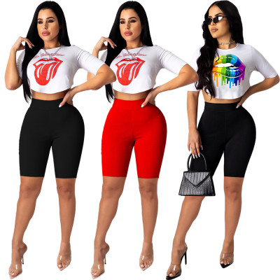 Women's Cute Pattern Lip Tongue T-Shirt Two-Piece CL6045