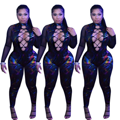 Slim Bodycon Printing Bandage Tight Jumpsuit HHM6042