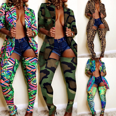 Cardigan Coat Multicolor Leggings 2 Pieces Club Printing Sets K8854