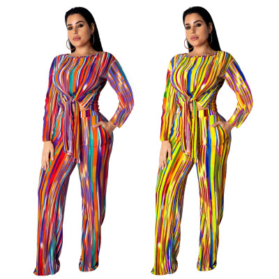 Rainbow Stripes Print Bandage Tops Long Wide Legs Pants Casual 2pcs LMM8106