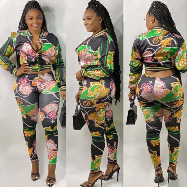 Online Sale Casual Print Long Sets Zipper Coat Skinny Pants YZ2111