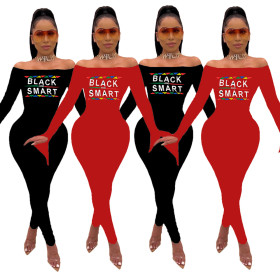 Bodycon Fashion Black/Red Letters Printing Strapless Jumpsuit JH122