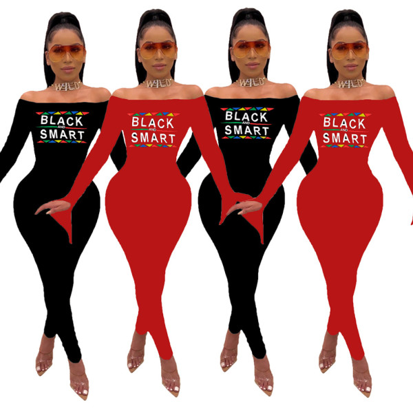Bodycon Fashion Black/Red Letters Printing Strapless Jumpsuit JH122