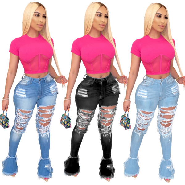 Hot selling washed personality street trend horn ripped denim trousers QJ5314