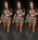 Female Bodycon Sexy See Through Camouflage Mini Dress H1253