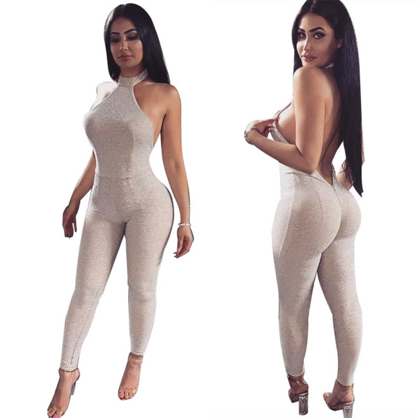 Shiny Backless Zipper Halter Neck Bodycon Jumpsuit LS6246